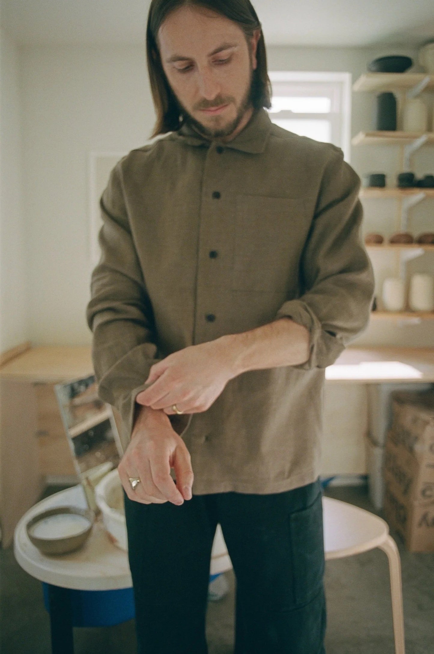 French Linen Chore Shirt - Olive Brown