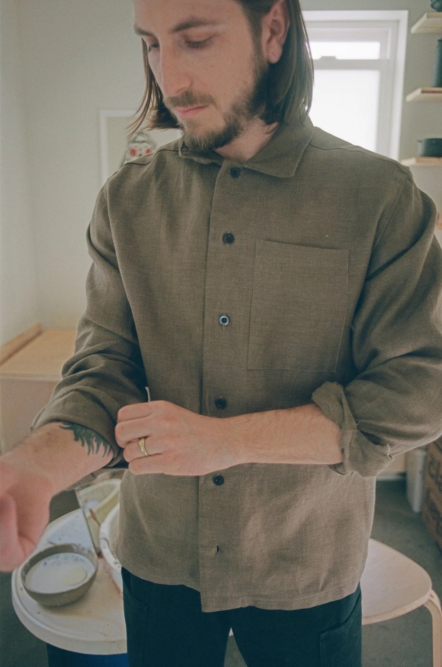 French Linen Chore Shirt - Olive Brown